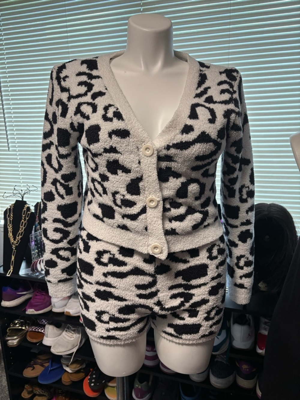 Black & White Leopard Print Button Cardigan Sweater and Shorts Lounge set